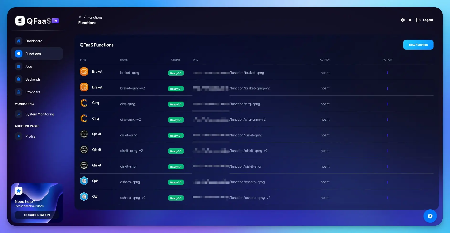 QFaaS web interface showing a quantum function dashboard